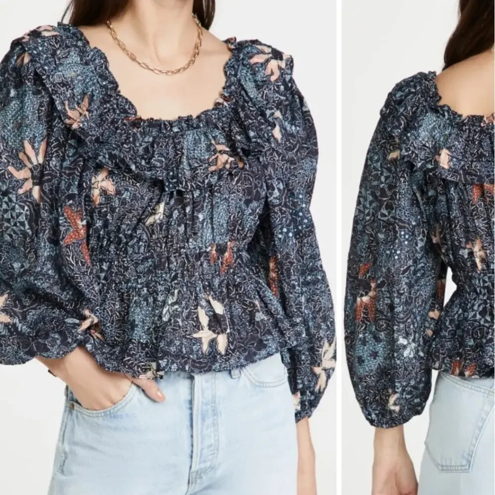 Ulla Johnson Navy Azul Asmara Blouse Floral Bubble Sleeve Blouse Size 6